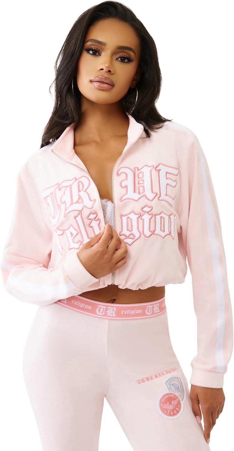 True Religion Cropped Velour Track Zip Up Hoodie for Women – Cozy Cropped Hoodie