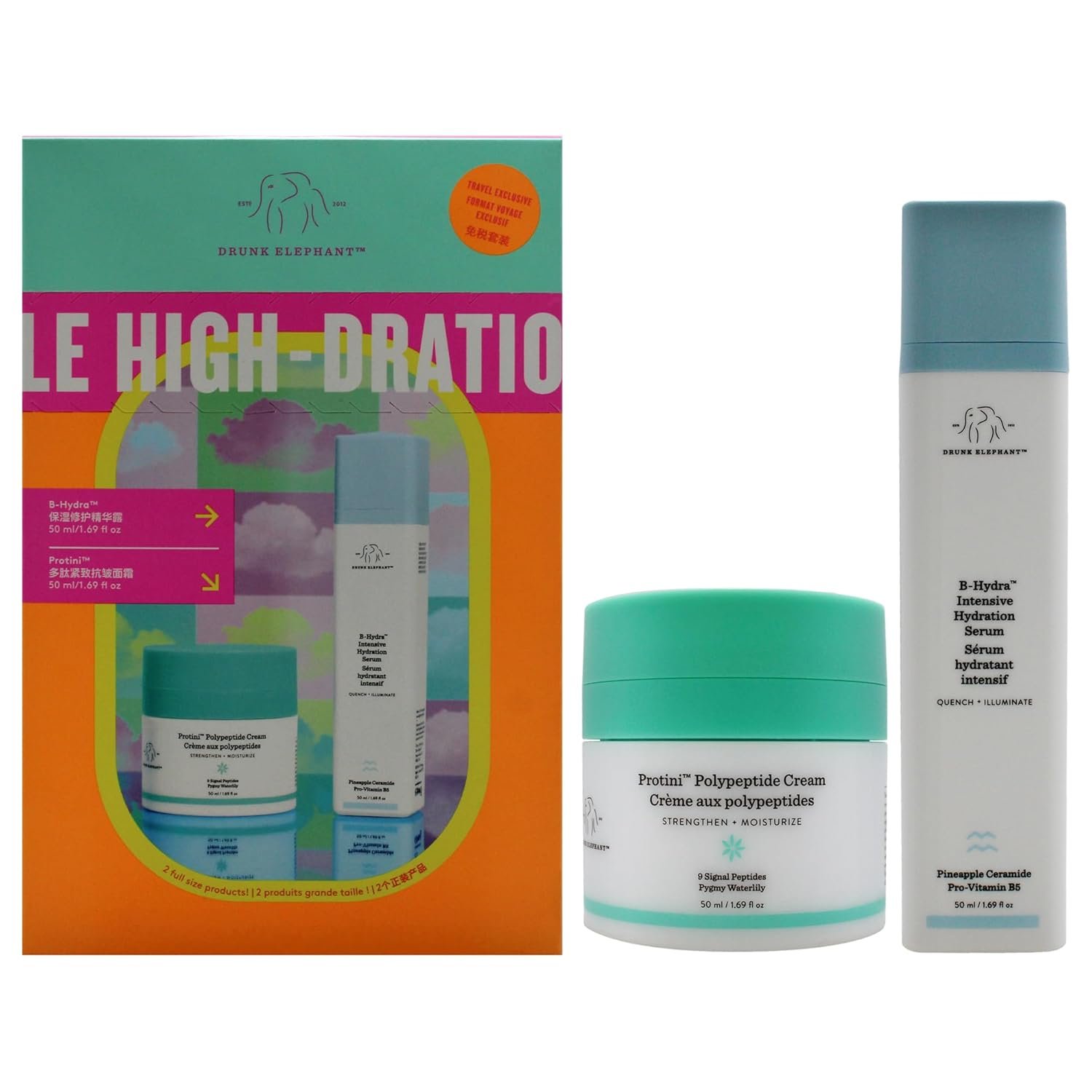 The Mile High-Dration Club by Drunk Elephant for Women – 2 Pc 1.69oz Protini Polypeptide Cream, 1.69oz B-Hydra Intensive Hydration Serum