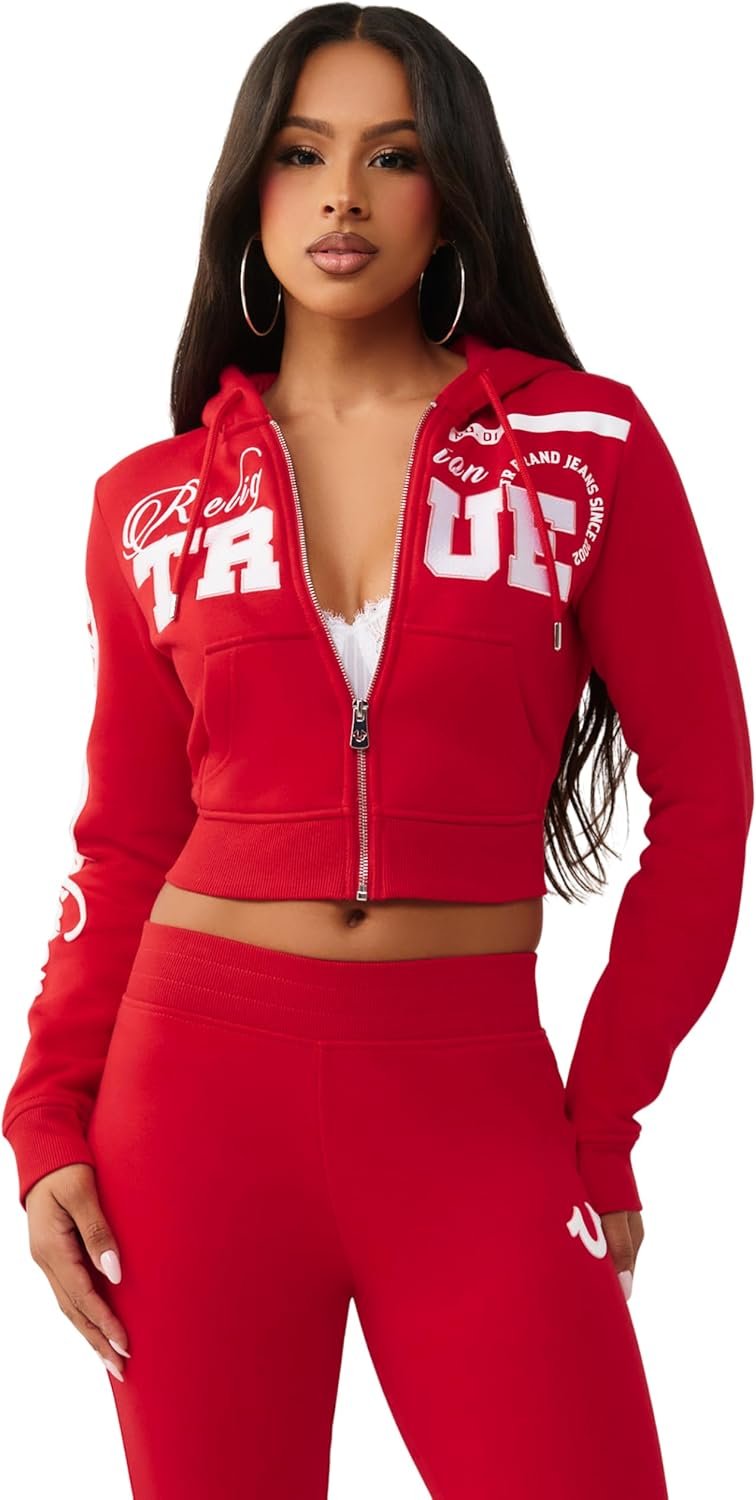 True Religion Women’s Embroidered Shrunken Zip Hoodie – Cropped Fit, Ribbed Hem, Embroidered Horseshoe Logo