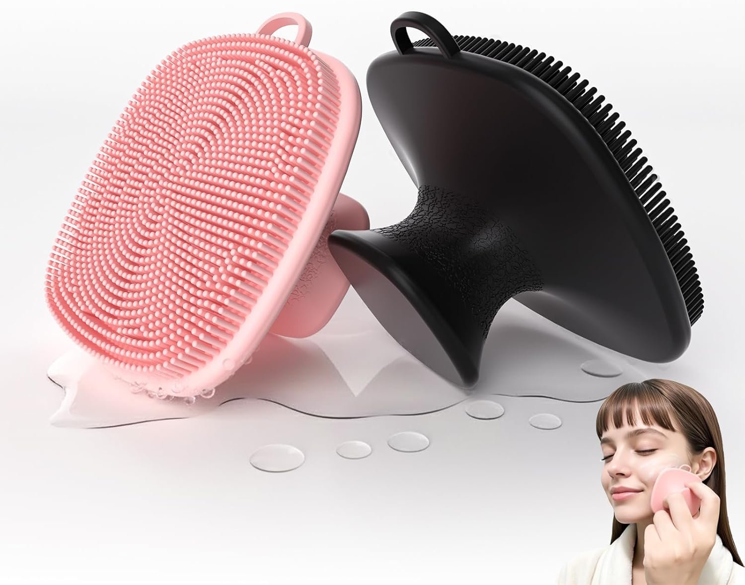 2 Pack Face Scrubber,Silicone Facial Cleansing Brush for Men & Women,Reusable Gentle Facial Waterproof Cleansing Skin Brush Exfoliating Scrubber for Sensitive Skin (Black/Pink)