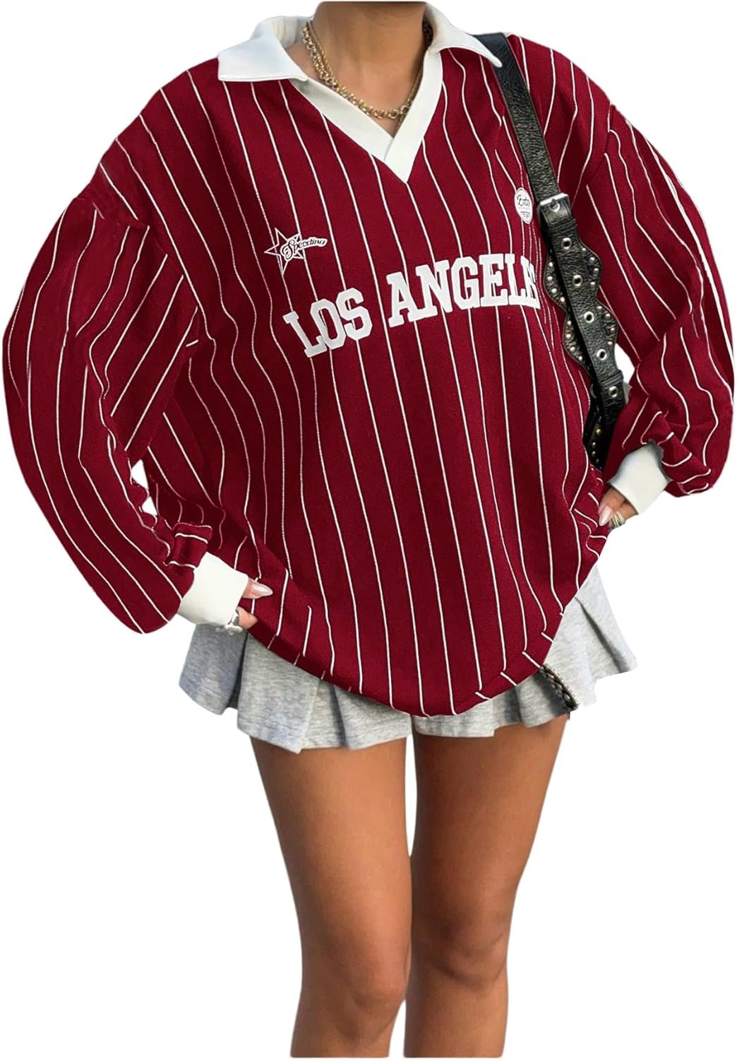 SOLY HUX Women’s Oversized Tees Striped Letter Print Y2k Jersey T Shirt Collar V Neck Long Sleeve Loose Tops