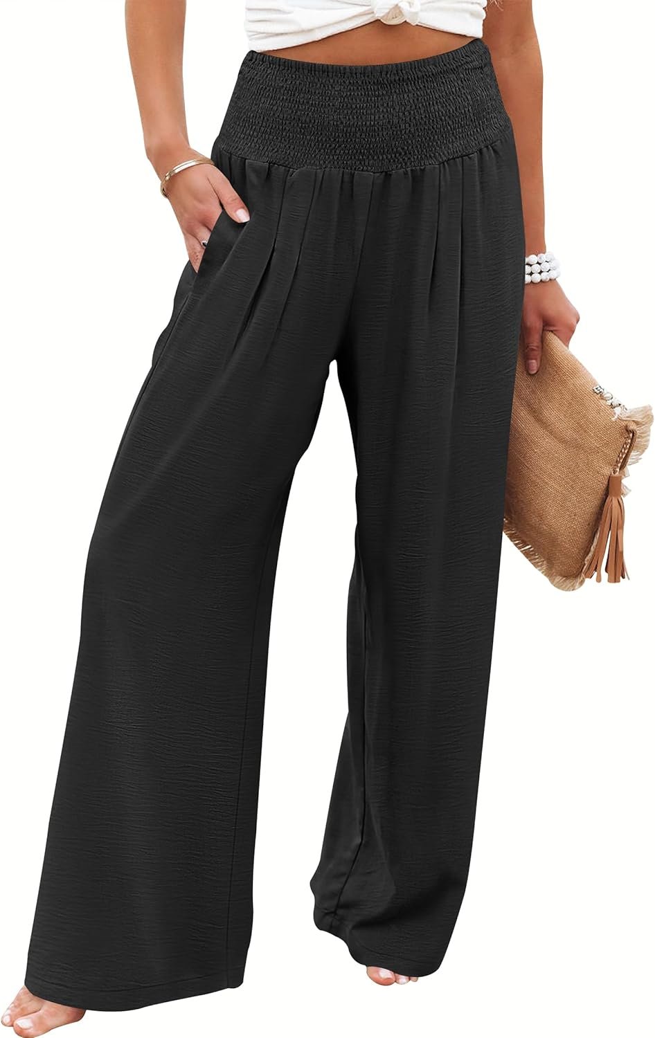 ANRABESS Women Palazzo Pants Summer Flowy Wide Leg High Waist Lounge Trousers with Pockets 2026 Casual Beach Vacation Outfits