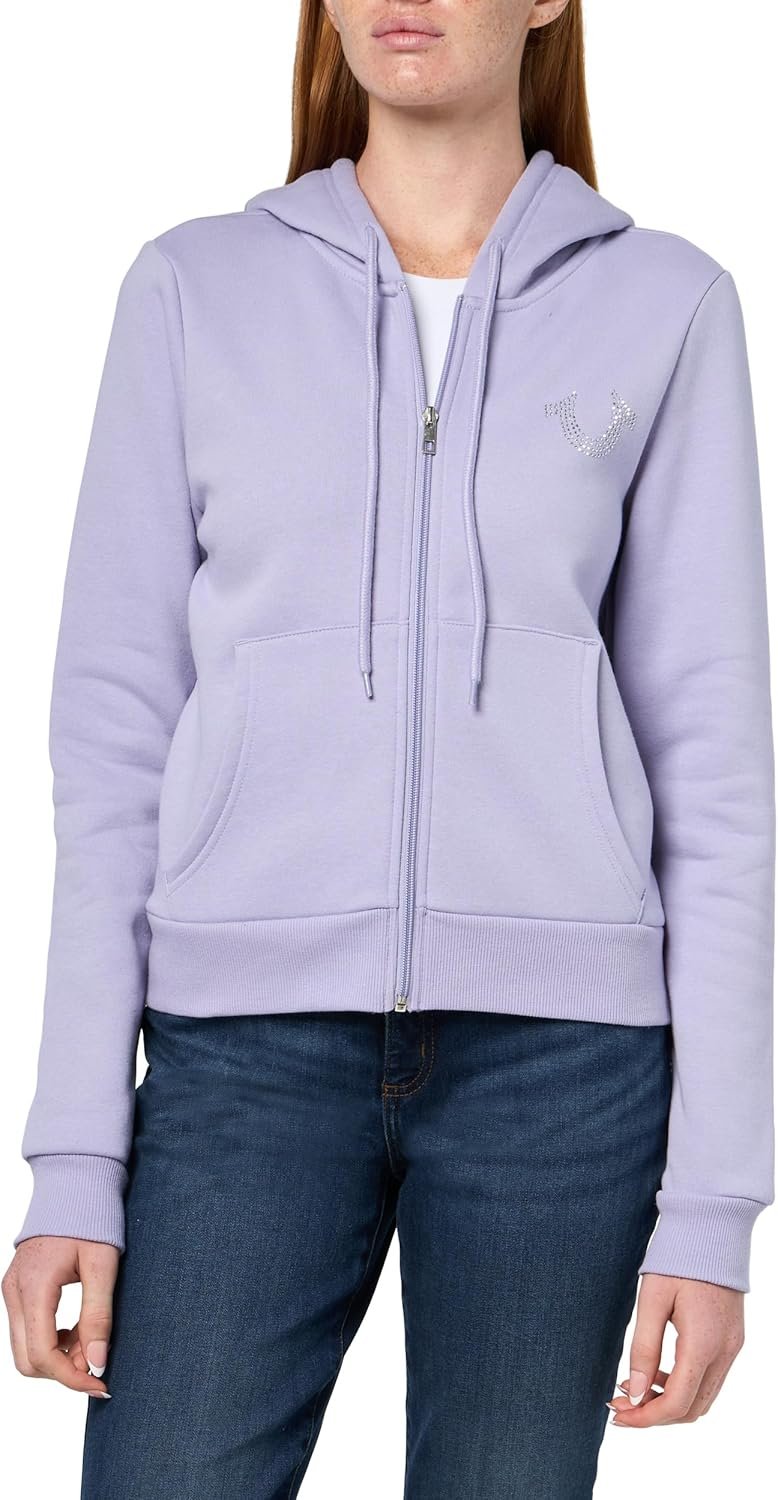 True Religion Women’s TR Crystal Zip Hoodie – Full-Zip Fleece Hoodie with Crystal Logo