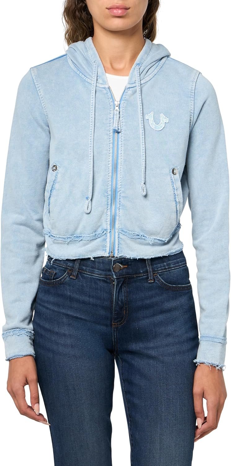 True Religion Women’s Washed Raw Edge Big T Shrunken Zip Hoodie | Zip-Up Sweatshirt with Big T Logo
