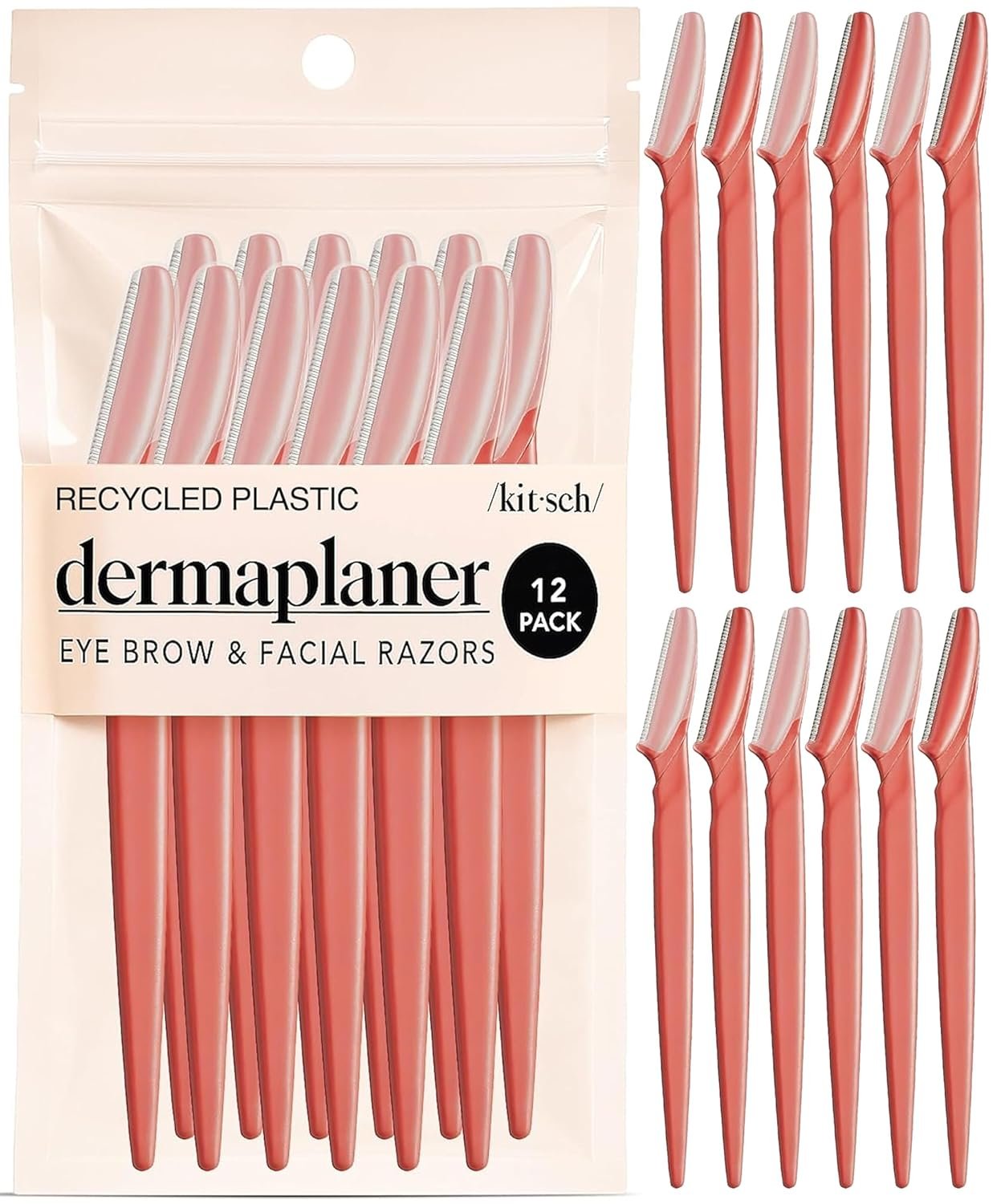 Kitsch Dermaplane Razor for Women Face – Face Razors for Women & Men, Eye Brow Razors & Face Shaver – Exfoliating Facial Razor & Dermaplaner as Skin Care Tool for Smoother Skin – Coral, 12 pcs