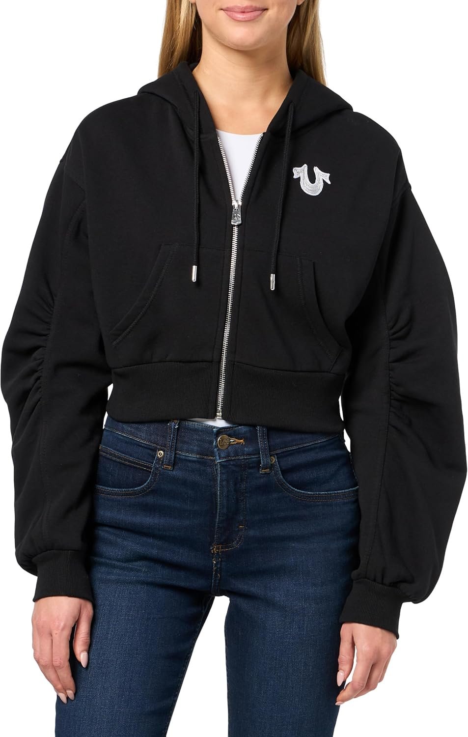 True Religion Women’s Buddha Ruched Sleeve Zip Hoodie – Full-Zip Sweatshirt with Iconic Logo