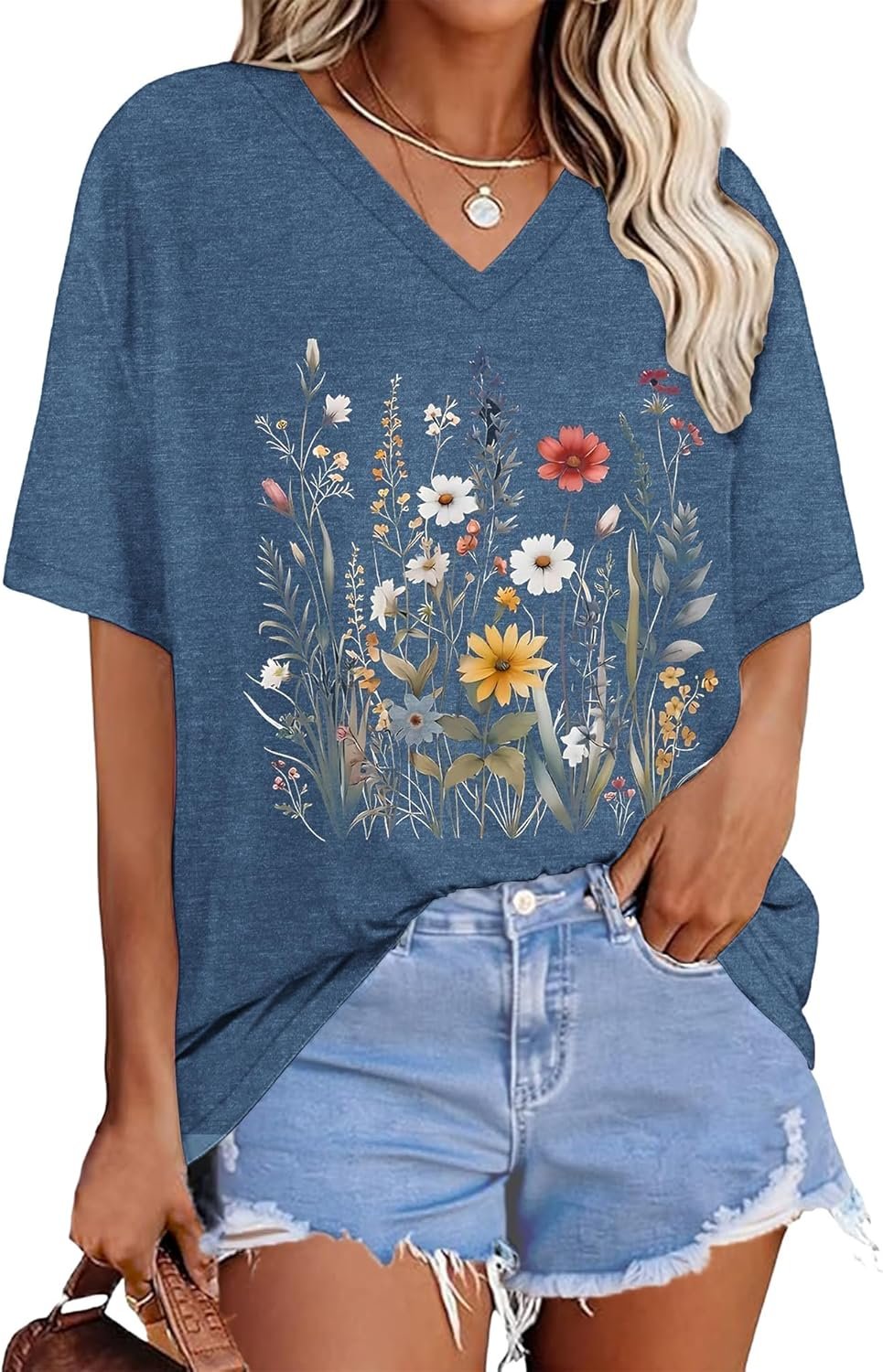 Anbech Oversized Tshirts for Women Graphic Summer Short Sleeve V Neck Vintage Tees Casual Loose Basic Tops