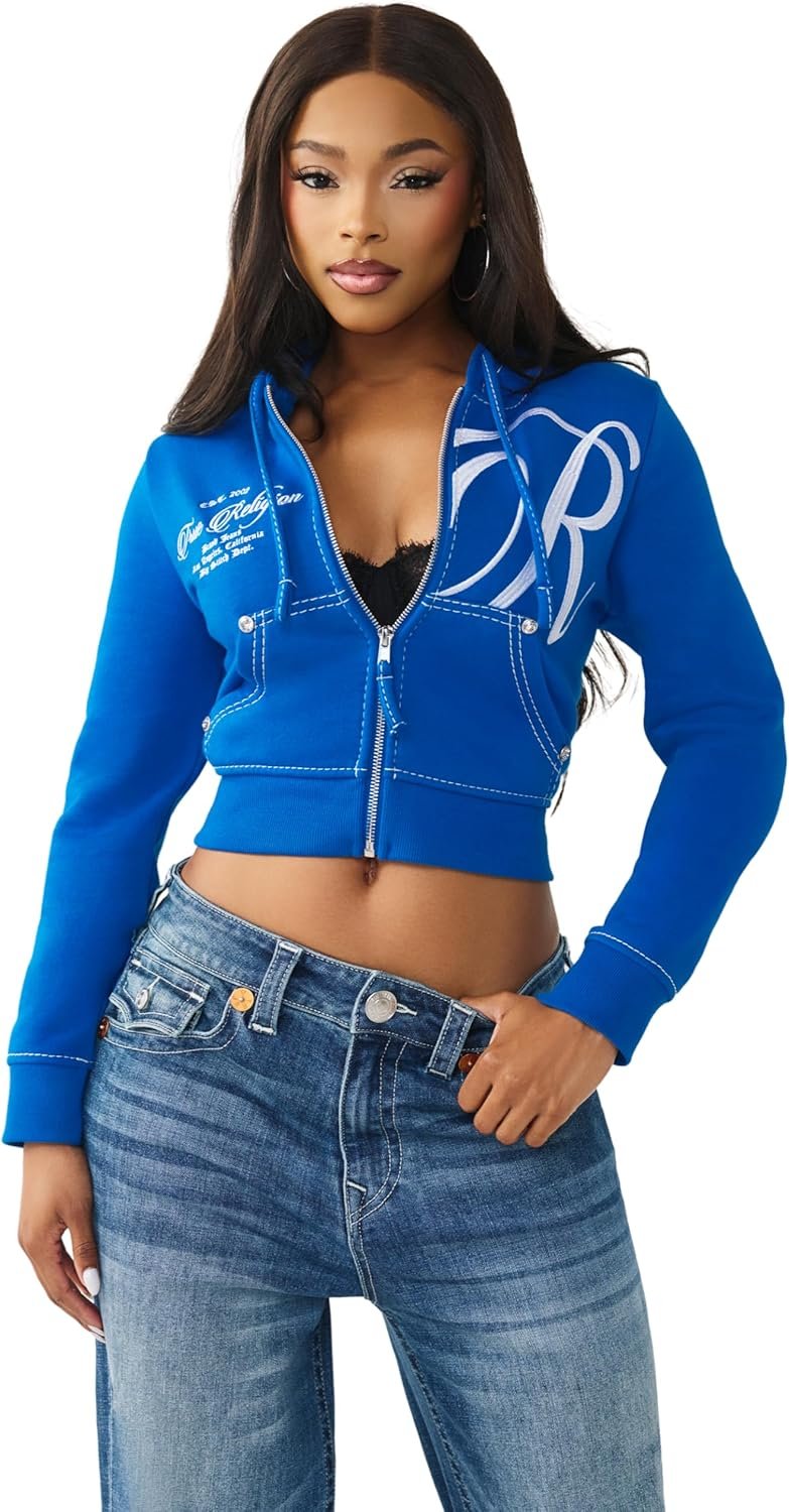 True Religion Women’s Shrunken Big T Zip Hoodie – Cropped Fit, Split Pockets, Horseshoe Detailing