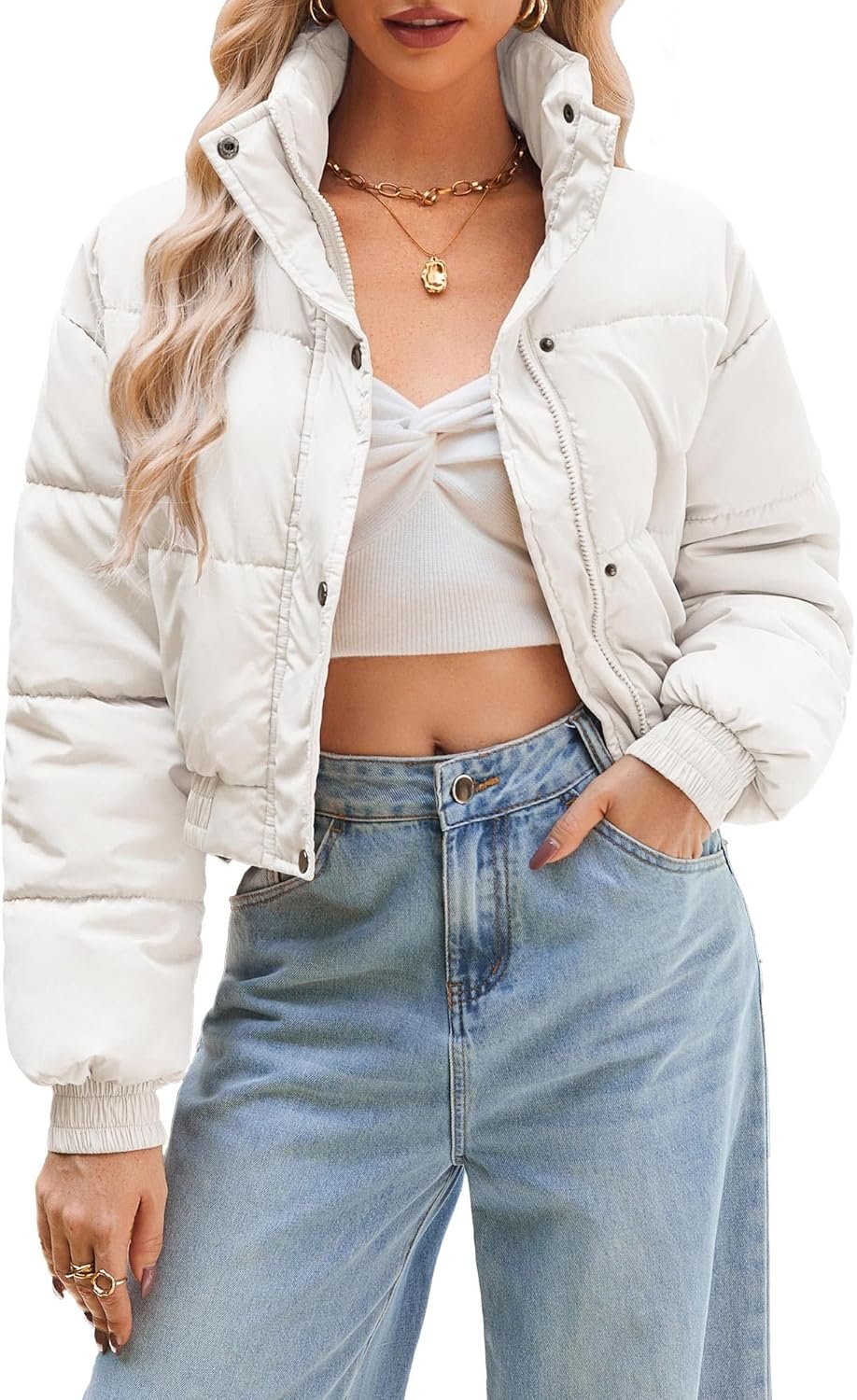Women’s Cropped Puffer Jacket Long Sleeve Puffy Coat Winter Quilted Lightweight Jacket with Pockets