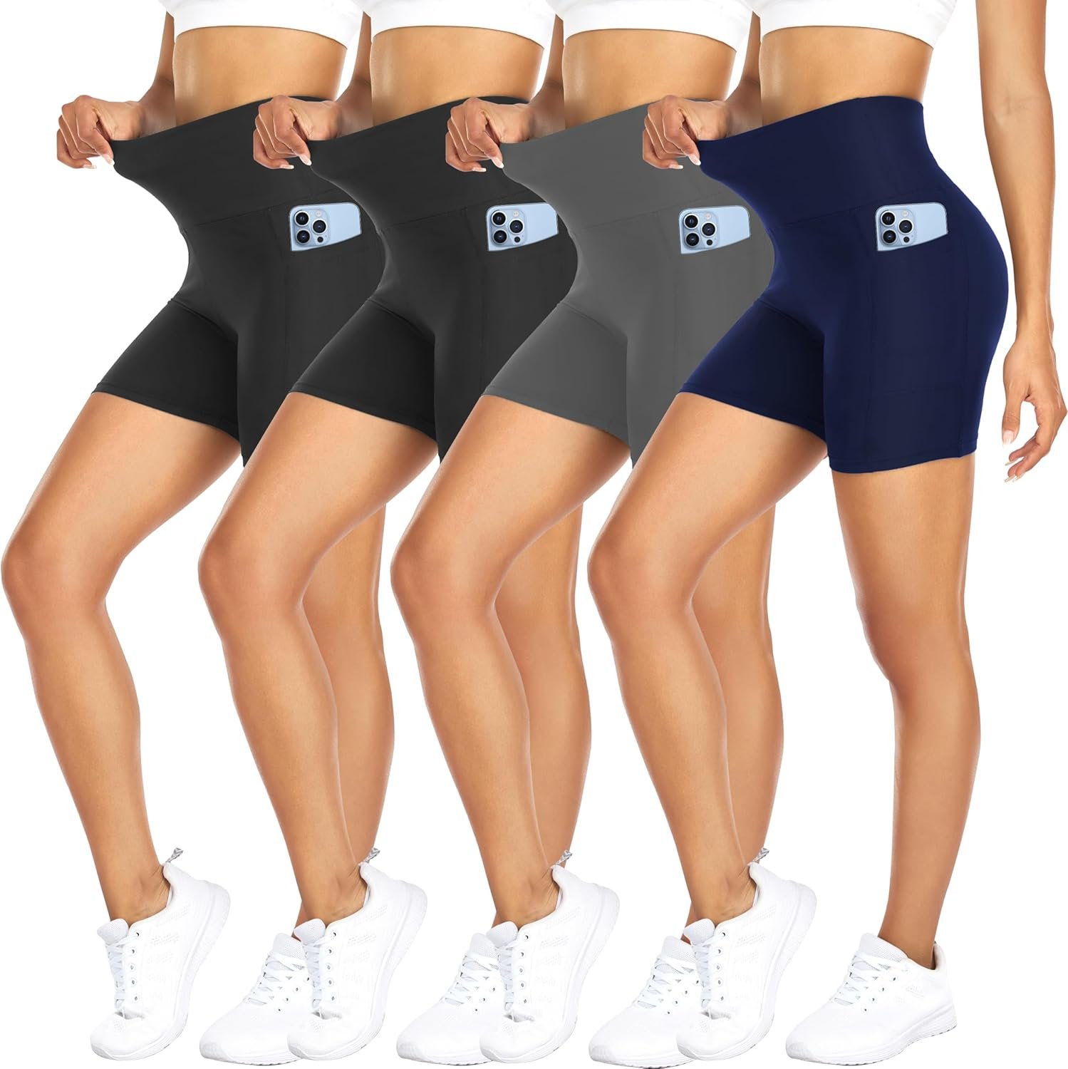FULLSOFT 4 Pack Biker Shorts for Women with Pockets – 5″ High Waisted Tummy Control Workout Yoga Running Gym Tennis Shorts