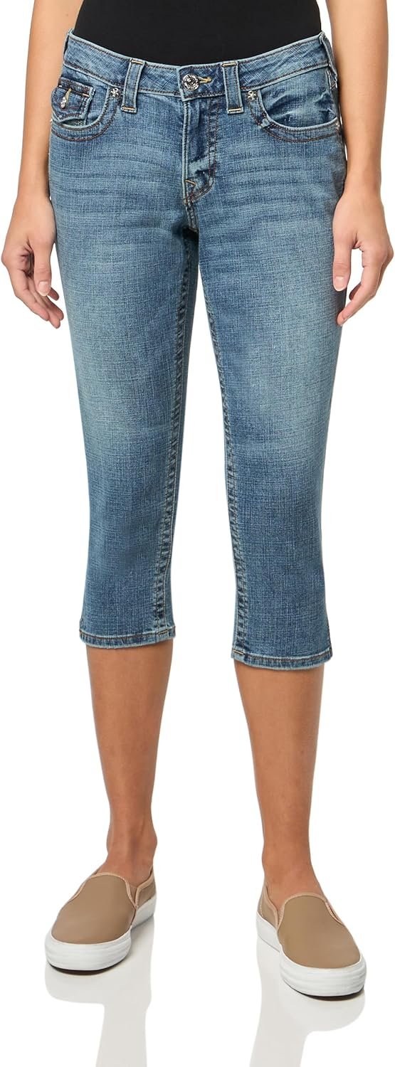 True Religion Women’s Jennie Mid Rise Skinny Capri Jeans – Medium Wash Denim with Flap Pockets, Split Hem – Blue Radiance, 34