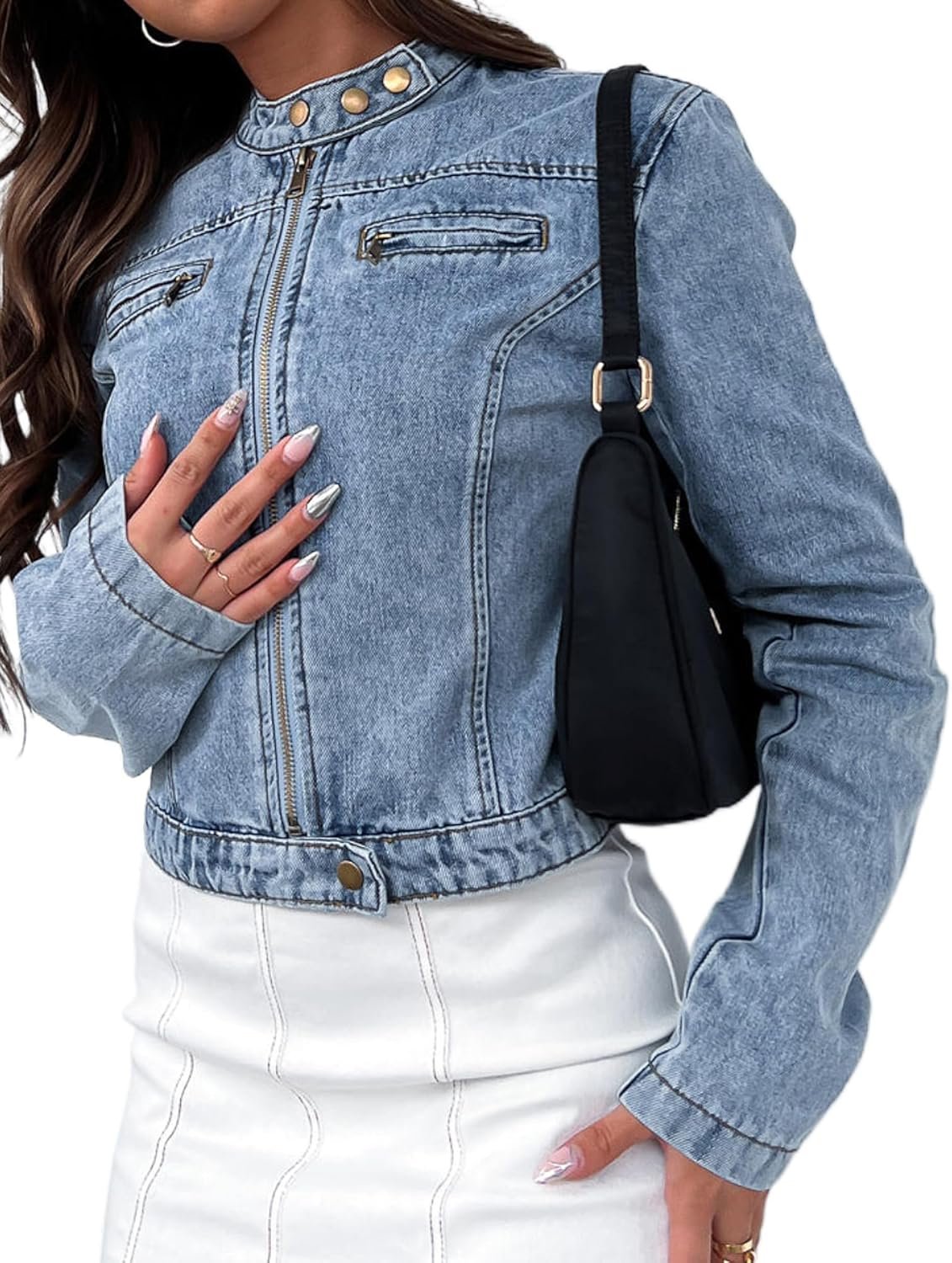 Women’s Stretchy Cropped Jean Jacket Zip Front Motorcycle Short Light Wash Denim Jacket