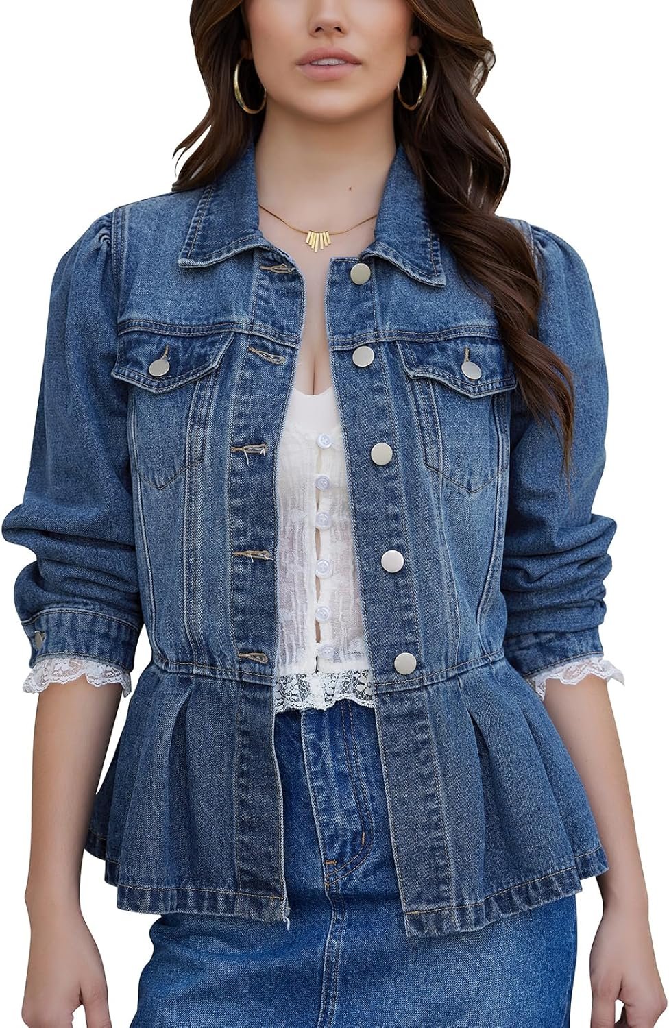 MISS MOLY Women’s Denim Jacket Puff Sleeve Button Down Ruffle Hem Jean Jacket Coat