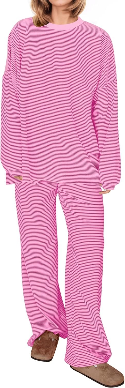 MISSACTIVER Women’s 2 Piece Striped Lounge Set Long Sleeve Oversized T-Shirt Wide Leg Pants Matching Pajamas Set