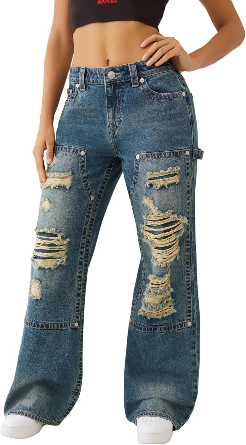 True Religion Women’s Carpenter Bobbi Baggy Jeans – Relaxed Fit Utility Denim