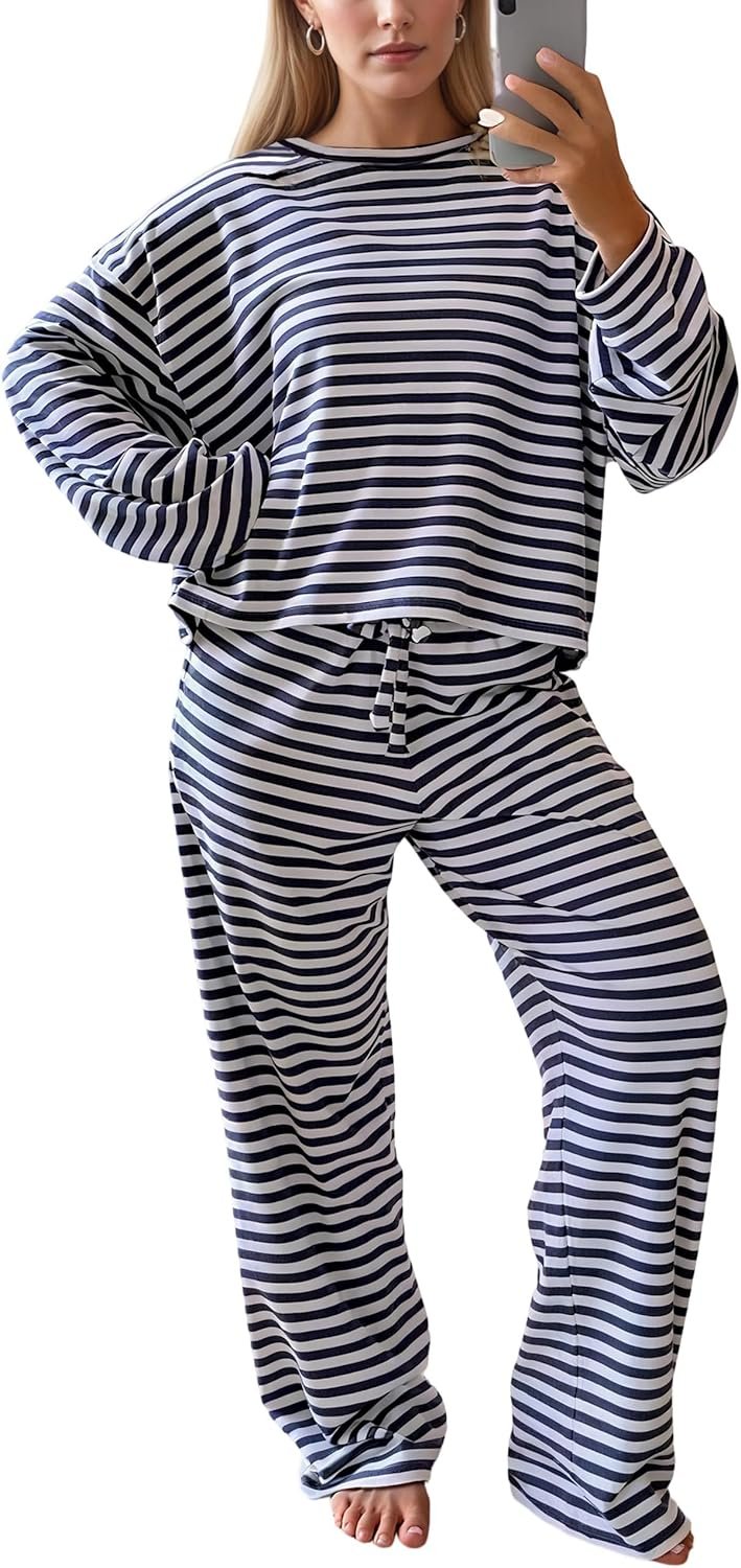 MISSACTIVER Women’s Striped 2 Piece Lounge Set Casual Long Sleeve T-Shirt Drawstring Wide Leg Pants Matching Pajamas Set