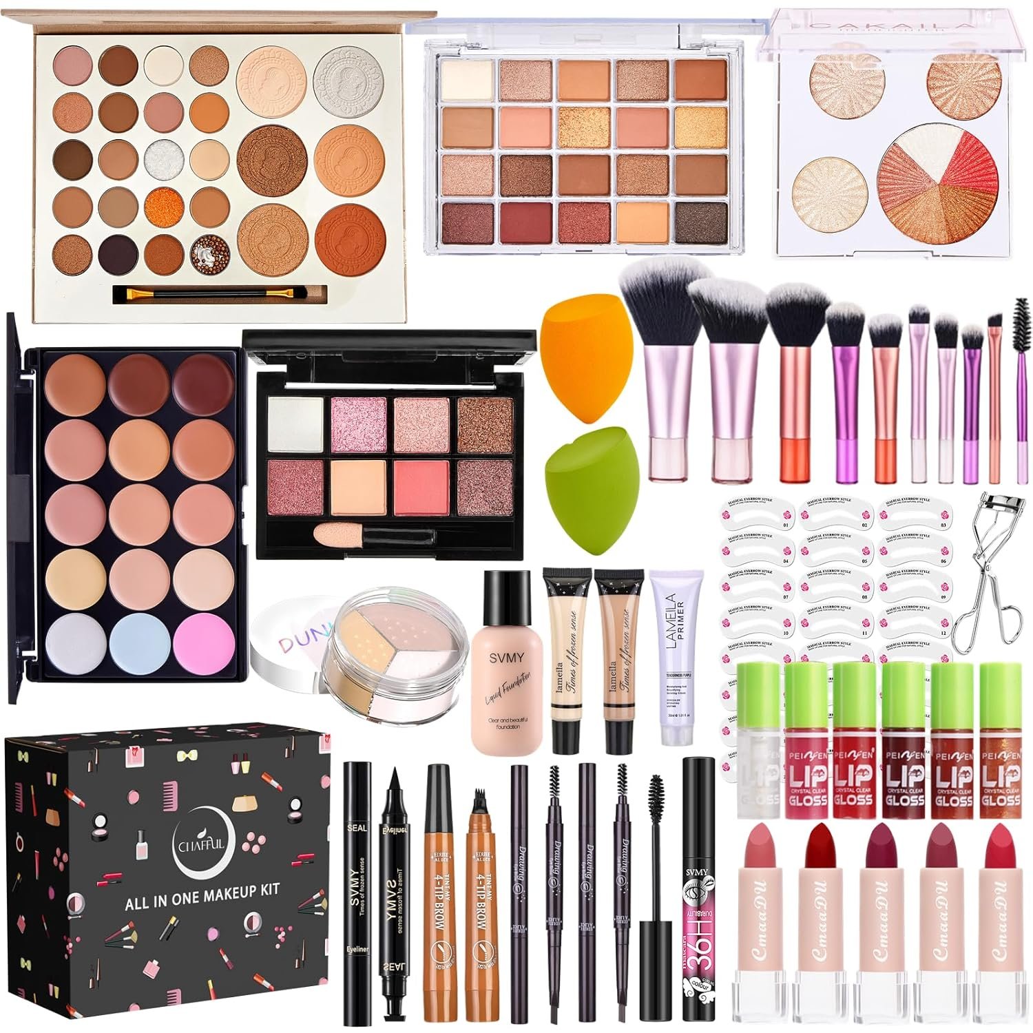 All in One Makeup Kit for Women Full Kit, Make Up Gift Set, Makeup Essential Bundle Includes Foundation Eyeshadow Palette Concealer Lipstick Eyeliner Eyebrow Stencils Mascara Cosmetic Brush Set