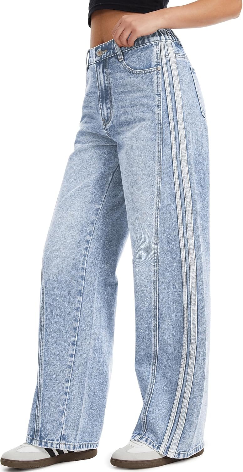 Tapata Women’s 28″/30″/32″/34″ Wide Leg Jeans Side Stripe Mid-Rise Elastic Waist Denim Pants Trendy Baggy Loose Trousers